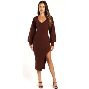 Lulus Autumn Darling XL Chocolate Brown Balloon Sleeve Midi Sweater Dress NWT